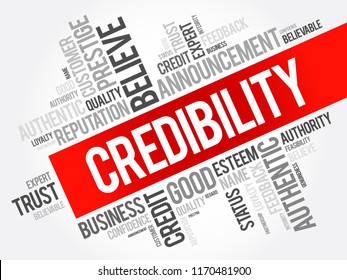 Credibility - objective and subjective components of the believability of a source or message, word cloud concept background