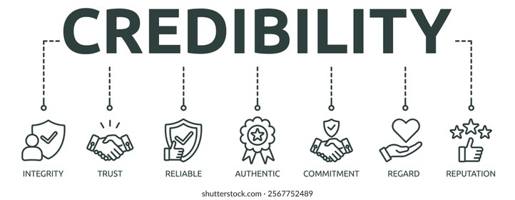 credibility outline banner icon of integrity, trust, reliable, authentic, commitment, regard, reputation