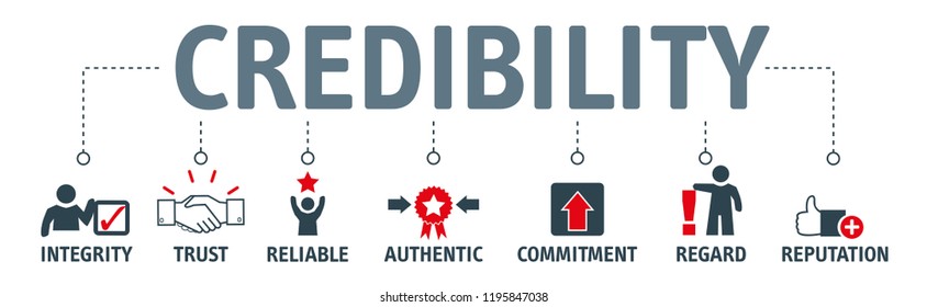 Credibility, Reputation And Trust Concept. Banner With Vector Illustration Icons And Keywords