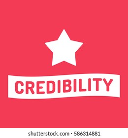 Credibility. Ribbon with star icon. Flat vector illustration on red background.