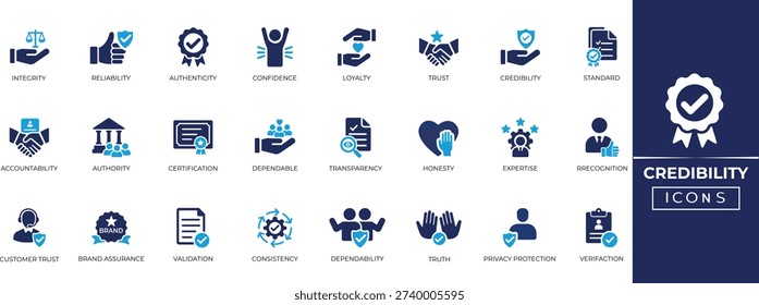 Credibility trust icon set for quality assurance, brand reliability, trust, approval, authority, belief, certificate, expertise, guarantee, and customer satisfaction. Solid vector icon collection.