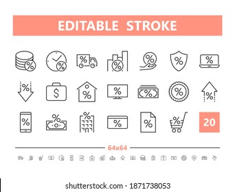 Credit 20 line icons. Vector illustration in line style. Editable Stroke, 64x64, 256x256, Pixel Perfect.