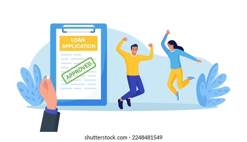 Credit agent holds loan approval application document and approved stamp in hand   People borrow money from bank to buy real estate auto  Mortgage  debt obligation to pay back interest rate