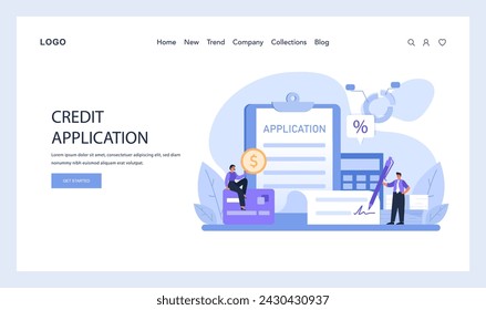 Credit Application Process. A step-by-step visual guide to applying for credit, featuring application forms, percentage calculations, and financial planning. Flat vector illustration
