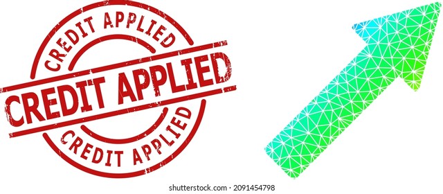 Credit Applied dirty seal and lowpoly spectral colored right up arrow icon with gradient. Red stamp seal contains Credit Applied title inside round and lines template.