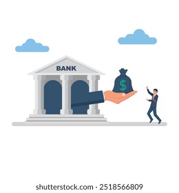 Aprobación de crédito. El banquero le da dinero al empresario. Servicios financieros. Se alegra del préstamo. Da dinero.  Diseño plano de Ilustración vectorial. Aislado sobre fondo blanco. Gente feliz.