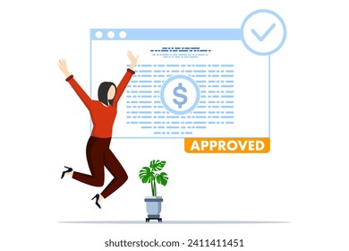 Credit approval concept. Character with good credit score. Personal finance. Flat vector illustration on white background.