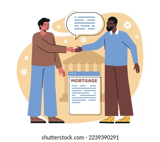 Credit approval concept. Man takes out mortgage or loan from bank and shakes hands with broker. Consumer or client with good credit rating and financial independence. Cartoon flat vector illustration