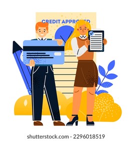 Credit approval concept. Man and woman bank employees provide credit card, loan or mortgage to buy real estate. Good credit score. Cartoon flat vector illustration isolated on white background
