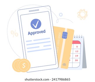 Credit approval concept using mobile application. Phone with approved credit, calendar and credit card. 