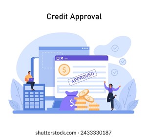 Credit Approval Process Illustration. The joyous moment of receiving credit approval, complete with checked verification and financial symbols. Flat vector illustration