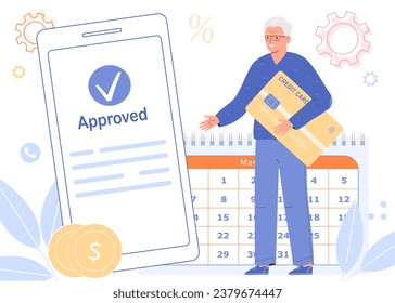 Credit approved. Elderly man taking loan from bank online using mobile app. Elderly retired man holding a credit card. Loans for seniors concept. Cartoon flat vector illustration