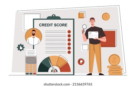 Credit assessment concept. Young male bank employee checks customer credit history. Man analyzes documents and lends money. Amount of wages and income. Cartoon contemporary flat vector illustration