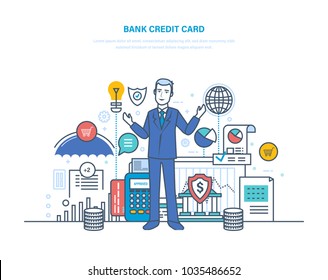 Credit bank card. Payment by bank card, secure transactions, online banking, payment terminals, money transfers, deposits, financial operations, non-cash money turnover. Illustration thin line design.