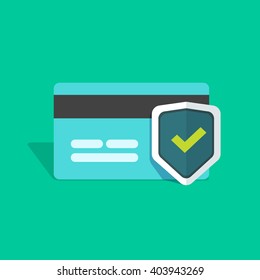 Credit Bank Card Security Protection Icon, Secure Payment Sign, Credit Card With Shield And Green Check Mark Flat Simple Vector Illustration Design Isolated On Greed Background