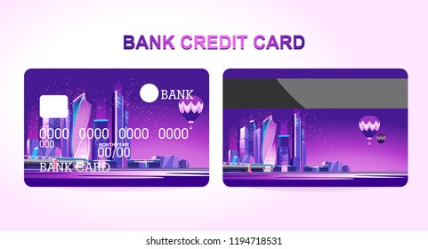 Credit bank cards for withdrawing and depositing money with a neon city at night. The front and back of the template,