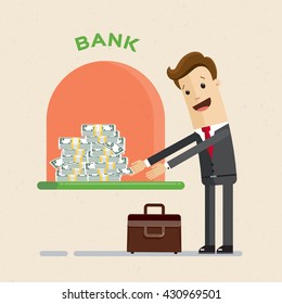 Credit. A bank gives out a loan in dollars. Businessman gets a bank loan. Vector, illustration