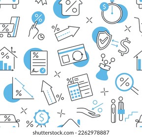 Credit black seamless pattern. Repeating design element for printing on fabric. Payments and debts, taxes and interest. Financial literacy and deal evaluation. Cartoon flat vector illustration