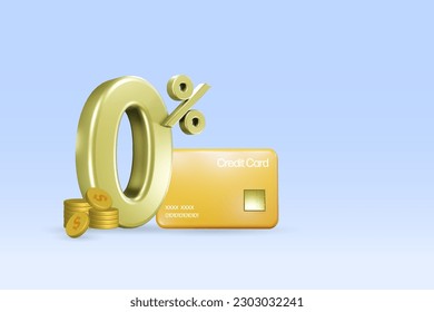 Credit card with 0% interest fee. Banking, financial loan campaign, digital marketing promotion and online shopping concept. 3D vector.