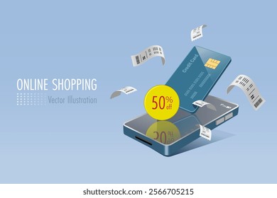 Credit card with 50% discount on smartphone. Online shopping and financial marketing strategy, E commerce promotion campaign.3D vector.