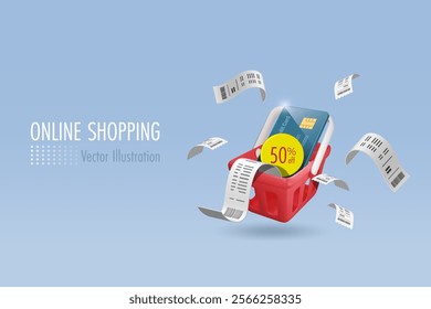 Credit card with 50% discount in shopping basket with bill receipt. Online shopping and marketing strategy, E commerce promotion campaign, financial marketing. 3D vector.