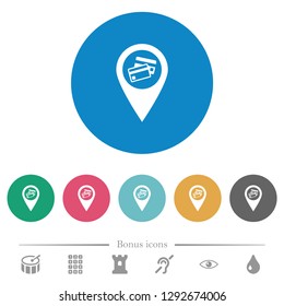 Credit card acceptance GPS map location flat white icons on round color backgrounds. 6 bonus icons included.