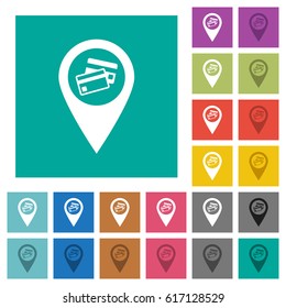 Credit card acceptance GPS map location multi colored flat icons on plain square backgrounds. Included white and darker icon variations for hover or active effects.