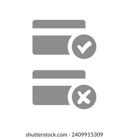 Iconos vectoriales aceptados o rechazados por tarjeta de crédito. Tarjeta de débito rechazada y juego de iconos aprobado.