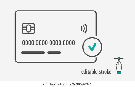 Credit Card accepted line icon.Online payments and Cashless,No cash symbol.Atm card pictogram.confirm or approved credit card payment sign. Vector graphics illustration EPS 10. Editable stroke