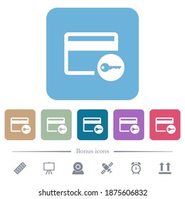 Credit card access white flat icons on color rounded square backgrounds. 6 bonus icons included