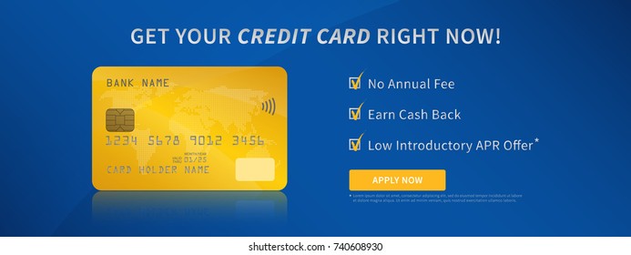 Credit card advertising vector illustration. Contactless bank credit (debit) card promotion creative concept. Plastic bank card with bonuses (money cashback, no annual fee) graphic design.