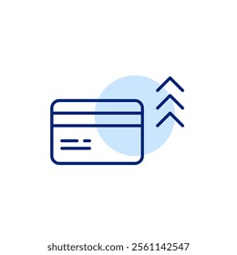 Credit card with arrows up. Account interest rates growth, increase in expenses. Pixel perfect, editable stroke icon