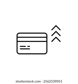 Credit card with arrows up. Account interest rates growth, increase in expenses. Pixel perfect vector icon