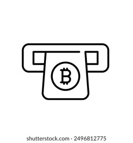 Credit card in ATM with bitcoin symbol on it. Integration of cryptocurrencies and traditional means of payment. Pixel perfect vector icon