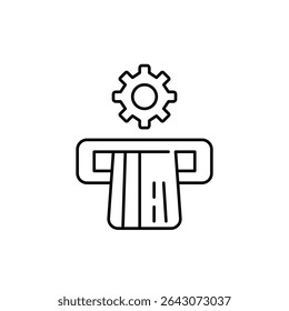 Credit card in ATM and cogwheel. Rransaction settings, atm configuration, payment processing, cash withdrawal system, financial operations control. Pixel perfect, editable stroke vector icon
