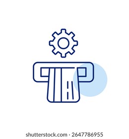 Credit card in ATM and cogwheel. Rransaction settings, atm configuration, payment processing, cash withdrawal system, financial operations control. Pixel perfect, editable stroke vector icon