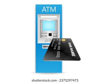 Credit Card, ATM Card or Debit Card  and ATM- Automated Teller Machine. Paying, Withdrawing or Transferring Money Concept. Vector Illustration. 