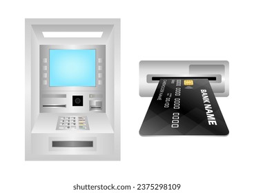Tarjeta de crédito, tarjeta de cajero automático o tarjeta de débito Inserción en ranura de tarjeta de cajero automático. Ilustración vectorial aislada en fondo blanco. 