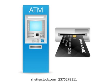 Credit Card, ATM Card or Debit Card Inserting into ATM Machine Card Slot. Vector Illustration Isolated on White Background. 