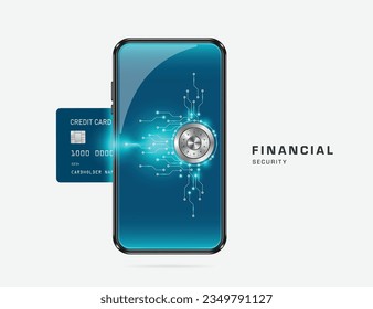 Credit card or ATM card insert into smartphone with electronic circuit board and financial anti-theft technology on smartphone screen, vector 3d for Protecting against online financial hacks concept