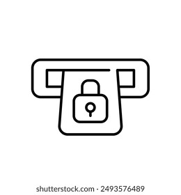 Credit card in ATM and lock symbol. Secure transactions, money withdrawal. Safety during financial operations. Pixel perfect vector icon