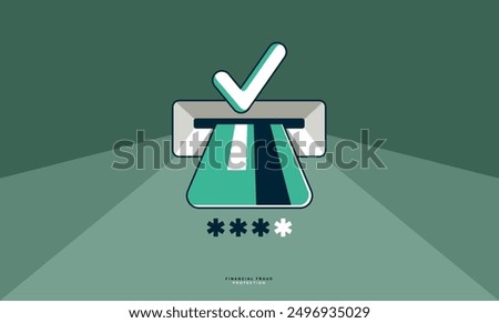 Credit card in ATM with password or code conceptual poster, financial fraud protection concept, icon style vector illustration of a plastic card inserted into a ATM and password or code typing.