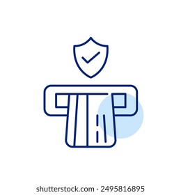 Credit card in ATM slot, security shield and checkmark. Protected cash withdrawal and financial services. Pixel perfect, editable stroke icon