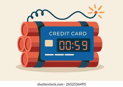 Credit card attached to dynamite with a lit fuse and countdown timer, symbolising urgent financial risk