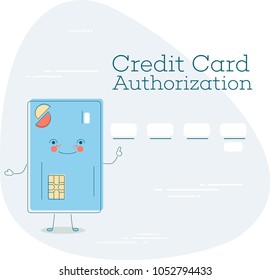 Credit card authorization concept in line art style. Banking and finance, ecommerce service sign, business technology, retail and shopping symbol. Credit card funny character vector illustration