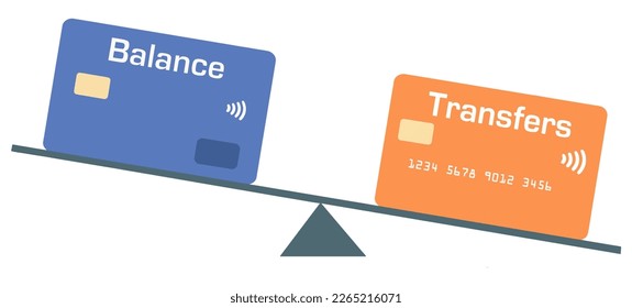 Credit card balance transfers are illustrated with card balanced on a seesaw.