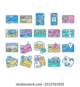 credit card bank payment doodle icons set vector. sketch line art business money, finance buy, banking debit, pay commercial, plastic, purchase credit card bank payment color illustrations