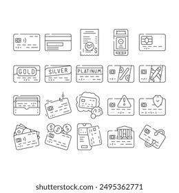 credit card bank payment icons set vector. business money, finance buy, banking debit, pay commercial, plastic, purchase credit card bank payment black contour illustrations