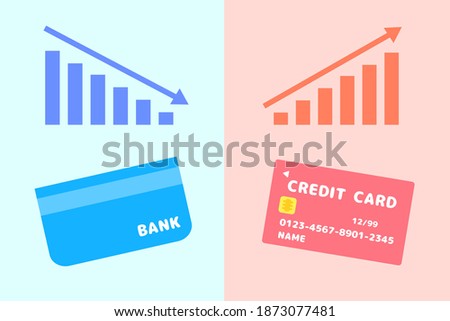 A credit card and a bankbook. Deposit balances and usage amounts. Credit report and debt image. Possibility of suspension of use. Vector illustration.