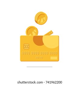 Credit card banking, golden credit card with fall gold coins, credit card payment concept, replenishment of a personal account flat vector illustration